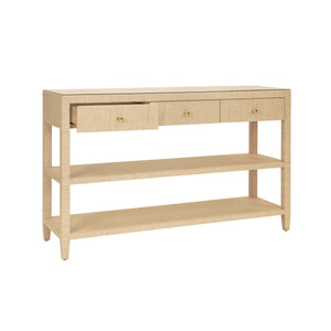 THREE DRAWER CONSOLE WITH TWO OPEN SHELVES IN NATURAL GRASSCLOTH WITH POLISHED BRASS KNOBS