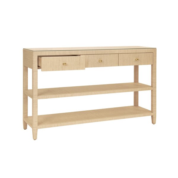 THREE DRAWER CONSOLE WITH TWO OPEN SHELVES IN NATURAL GRASSCLOTH WITH POLISHED BRASS KNOBS