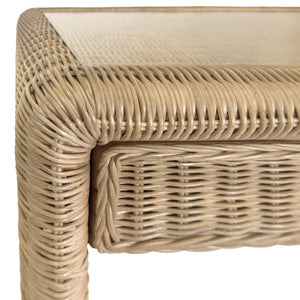 TWO DRAWER WATERFALL EDGE DESK IN WOVEN RATTAN WITH GLASS TOP