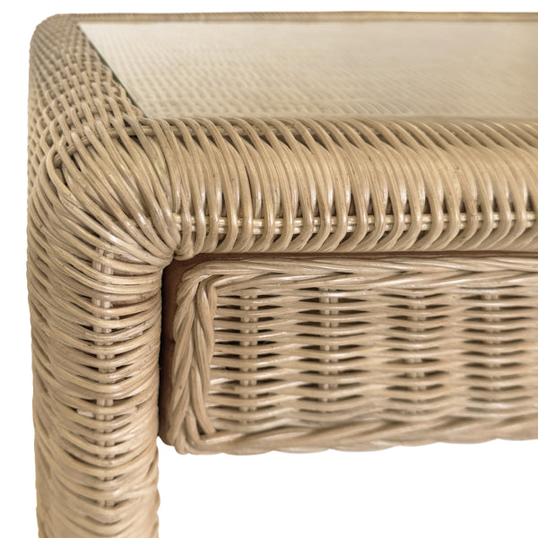 TWO DRAWER WATERFALL EDGE DESK IN WOVEN RATTAN WITH GLASS TOP