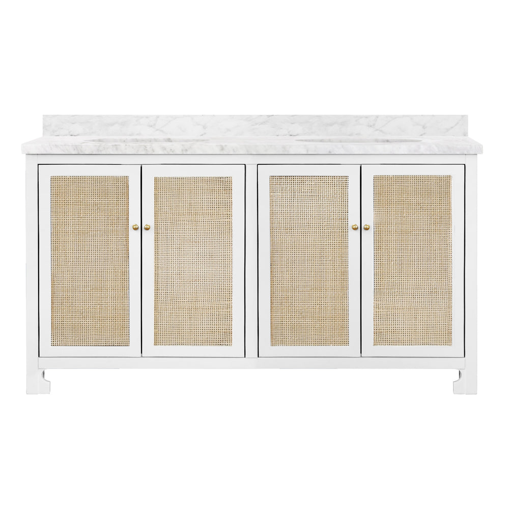 BATH VANITY IN MATTE WHITE LACQUER WITH CANE FRONT DOORS, WHITE MARBLE TOP, DOUBLE PORCELAIN SINKS, AND POLISHED BRASS KNOBS, 60" WIDE