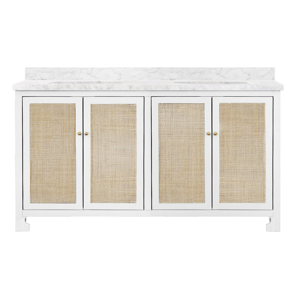 BATH VANITY IN MATTE WHITE LACQUER WITH CANE FRONT DOORS, WHITE MARBLE TOP, DOUBLE PORCELAIN SINKS, AND POLISHED BRASS KNOBS, 60" WIDE