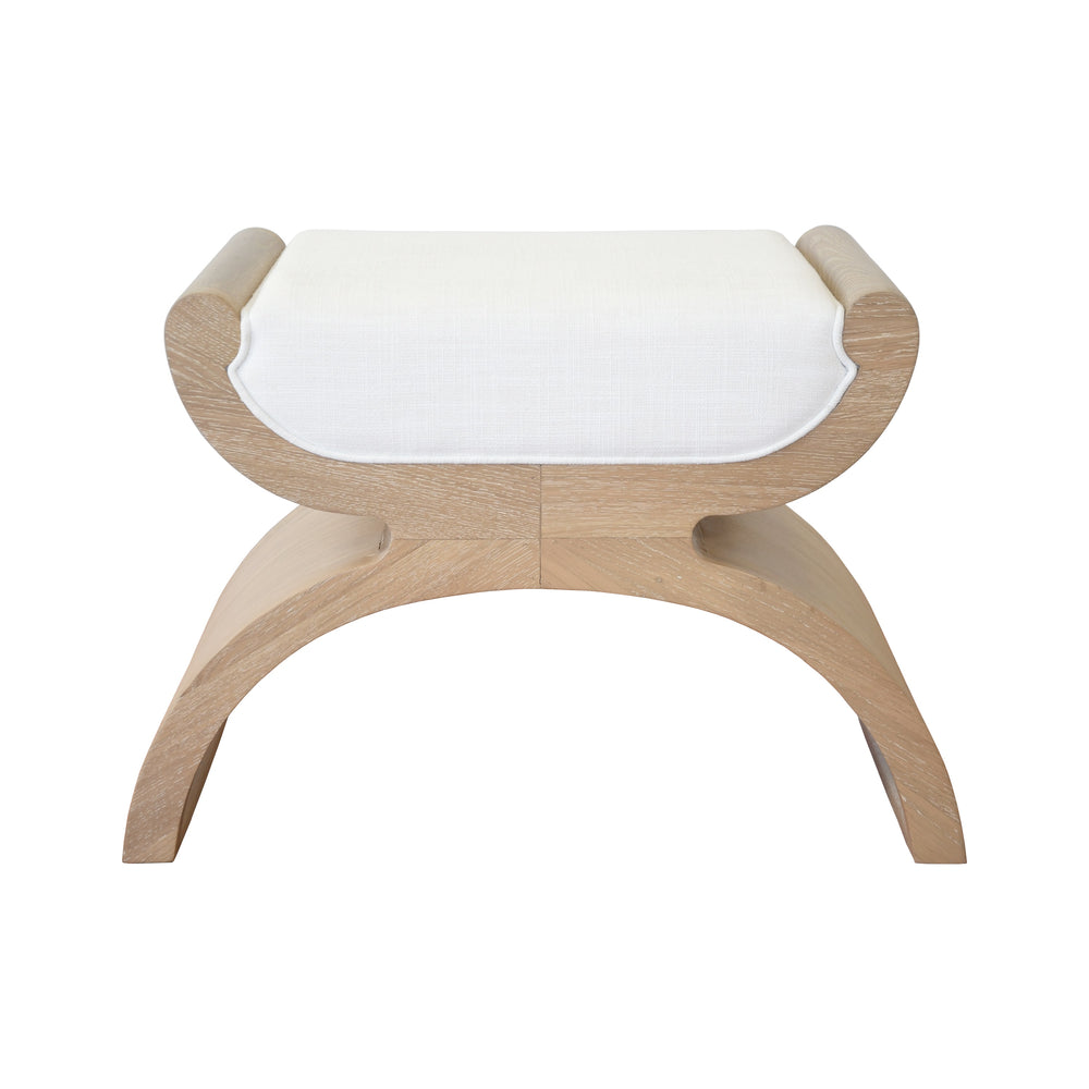 CURVED BASE STOOL WITH WHITE LINEN CUSHION IN CERUSED OAK