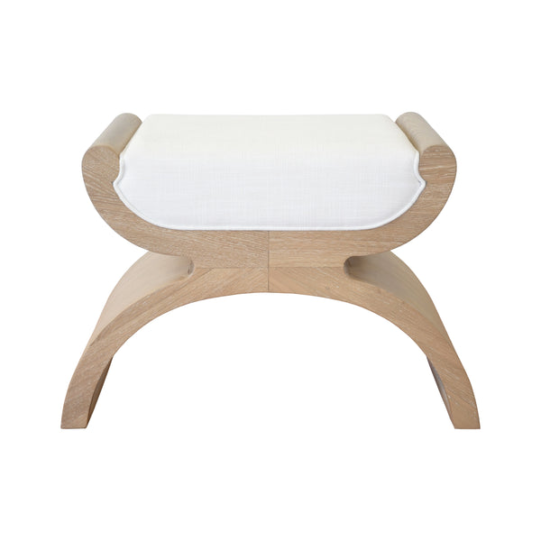 CURVED BASE STOOL WITH WHITE LINEN CUSHION IN CERUSED OAK