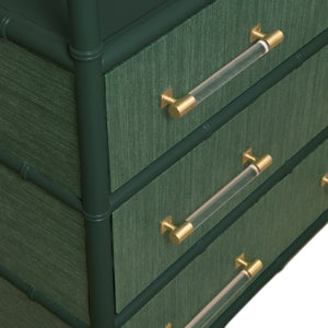 THREE DRAWER ETAGERE WITH BAMBOO DETAIL IN GREEN DYED GRASSCLOTH AND DARK GREEN MATTE LACQUER