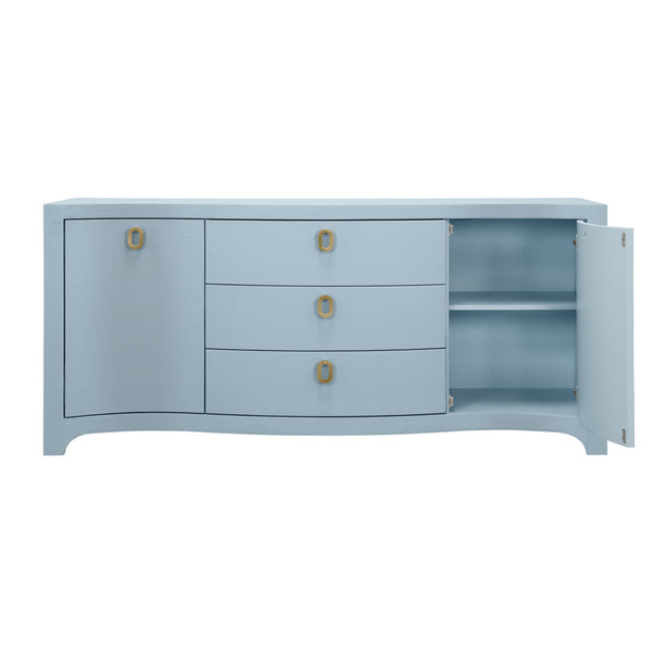 CURVED FRONT TWO DOOR THREE DRAWER BUFFET IN TEXTURED LIGHT BLUE LINEN WITH SATIN BRASS RING HARDWARE
