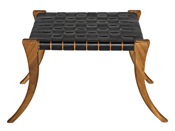 Sparti Teak Stool with Black Leather Weave and Clear Coat Finish