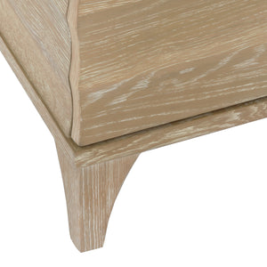 BATH VANITY WITH HORIZONTAL FLUTED DETAIL IN CERUSED OAK WITH WHITE MARBLE TOP, PORCELAIN SINK, AND POLISHED BRASS KNOBS