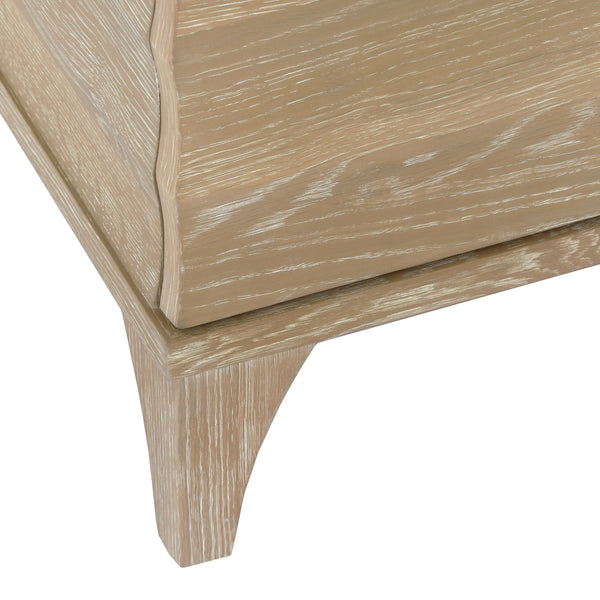 BATH VANITY WITH HORIZONTAL FLUTED DETAIL IN CERUSED OAK WITH WHITE MARBLE TOP, PORCELAIN SINK, AND POLISHED BRASS KNOBS
