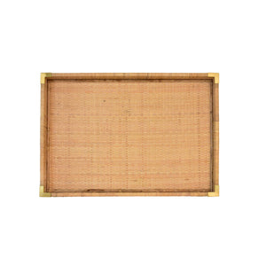 SMALL RECTANGULAR NATURAL RATTAN WRAPPED TRAYS WITH BRASS CORNERS
