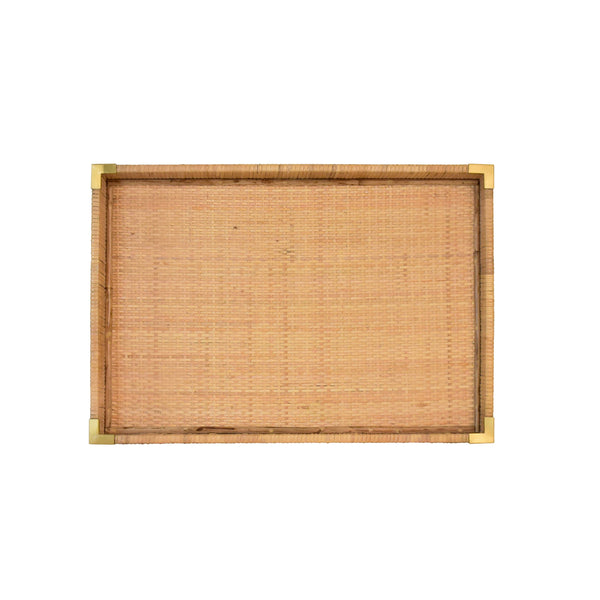 SMALL RECTANGULAR NATURAL RATTAN WRAPPED TRAYS WITH BRASS CORNERS