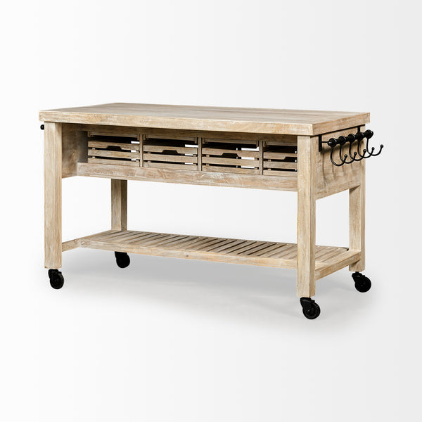 Columbia 62L x 28W x 36H I Light Brown Body w/ Black Iron Knobs Rolling Kitchen Island