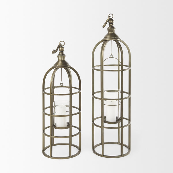 Gerson II Small Cage-Style Gold Metal Candle Holder Lantern