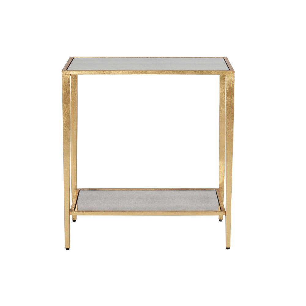 2 TIER GOLD LEAF RECT. TABLE W ANTIQUE MIRROR SHELVES