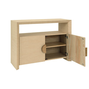 TWO DOOR CONSOLE WITH OPEN SHELF IN NATURAL GRASSCLOTH WITH CERUSED OAK HANDLES