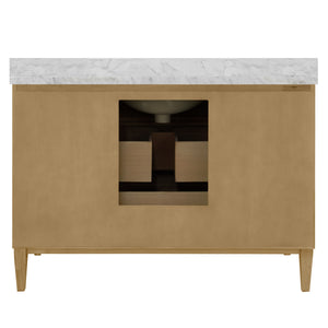 BATH VANITY WITH VERTICAL FLUTED DETAIL ON DRAWERS IN CERUSED OAK WITH WHITE MARBLE TOP, PORCELAIN SINK, AND POLISHED BRASS KNOBS, 48" WIDE