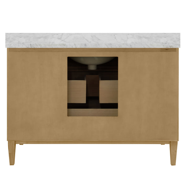 BATH VANITY WITH VERTICAL FLUTED DETAIL ON DRAWERS IN CERUSED OAK WITH WHITE MARBLE TOP, PORCELAIN SINK, AND POLISHED BRASS KNOBS, 48" WIDE