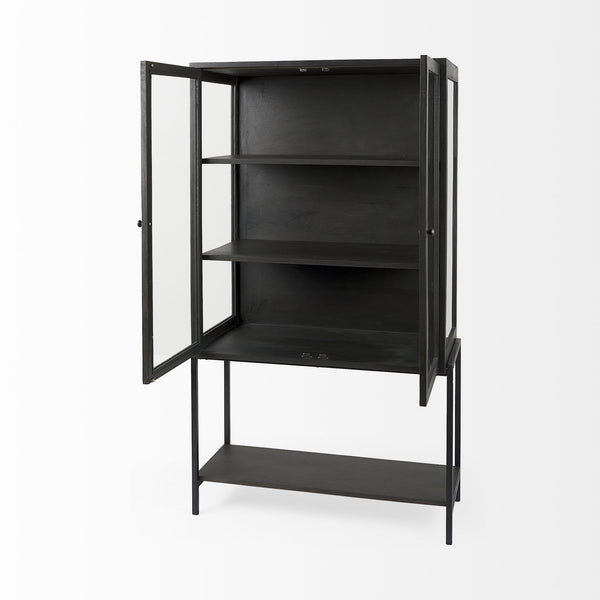 Arelius 36L x 18W x 63H Black-Brown Wood W/ Black Metal Base Display Cabinet