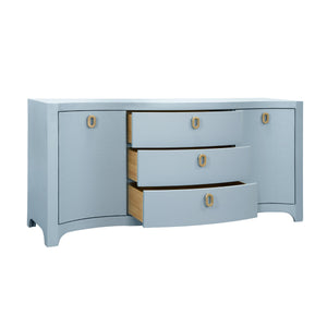 CURVED FRONT TWO DOOR THREE DRAWER BUFFET IN TEXTURED LIGHT BLUE LINEN WITH SATIN BRASS RING HARDWARE