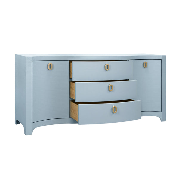 CURVED FRONT TWO DOOR THREE DRAWER BUFFET IN TEXTURED LIGHT BLUE LINEN WITH SATIN BRASS RING HARDWARE