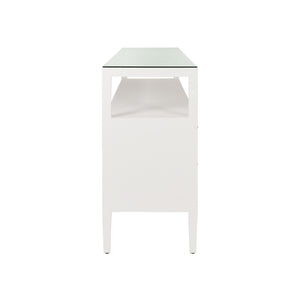 SIX DRAWER CONSOLE WITH OPEN SHELF IN TEXTURED WHITE LINEN WITH POLISHED BRASS KNOBS