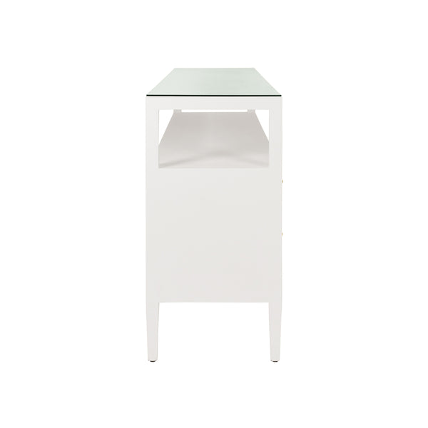 SIX DRAWER CONSOLE WITH OPEN SHELF IN TEXTURED WHITE LINEN WITH POLISHED BRASS KNOBS