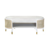 OVAL BENCH IN MATTE WHITE AND NATURAL CANE WITH WHITE LINEN CUSHION
