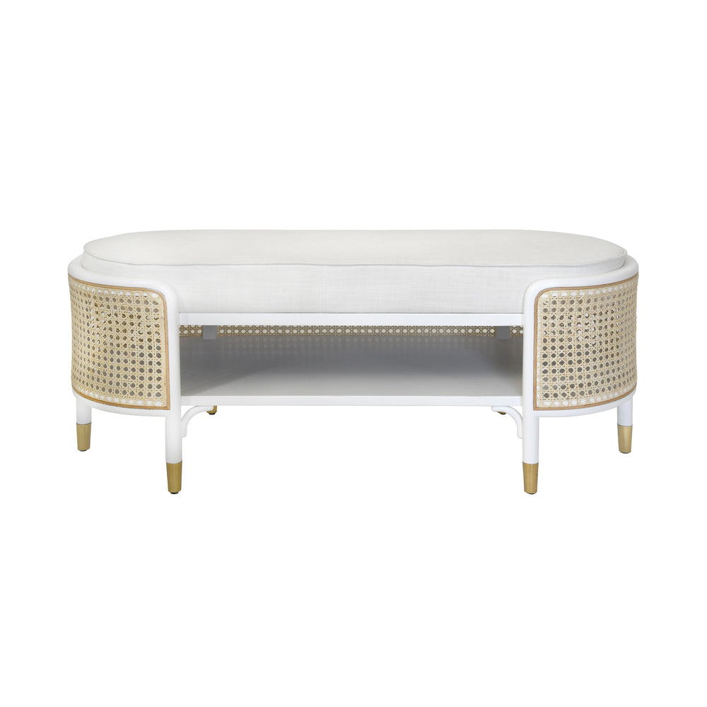OVAL BENCH IN MATTE WHITE AND NATURAL CANE WITH WHITE LINEN CUSHION