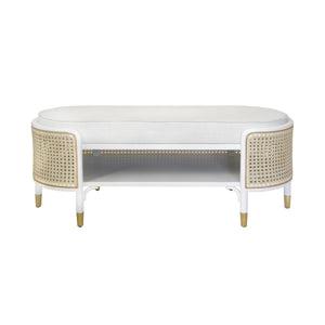 OVAL BENCH IN MATTE WHITE AND NATURAL CANE WITH WHITE LINEN CUSHION