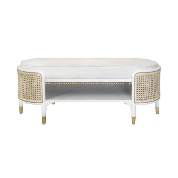 OVAL BENCH IN MATTE WHITE AND NATURAL CANE WITH WHITE LINEN CUSHION