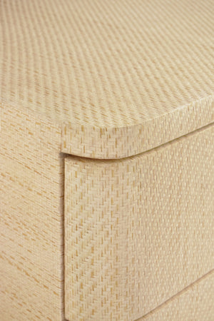 SIX DRAWER ROUNDED EDGE CHEST WITH BRASS BEETLE KNOB IN NATURAL GRASSCLOTH
