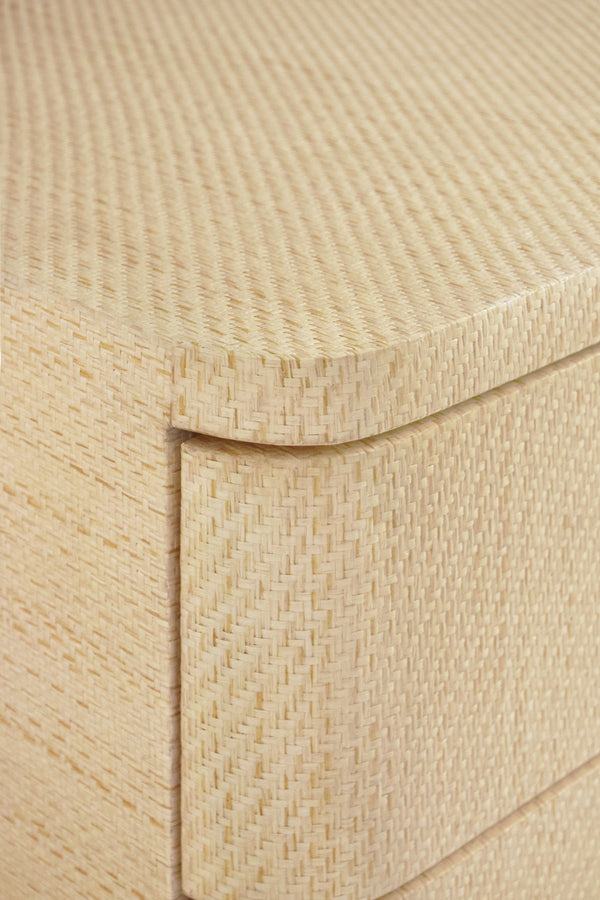 SIX DRAWER ROUNDED EDGE CHEST WITH BRASS BEETLE KNOB IN NATURAL GRASSCLOTH