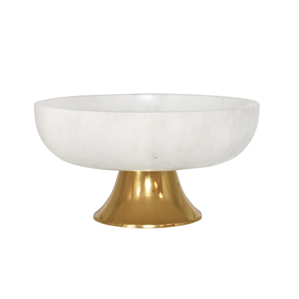 WHITE MARBLE BOWL WITH BRASS TAPERED PEDESTAL BASE