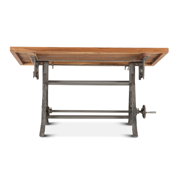 Industrial Loft 62-Inch Reclaimed Teak Wood Drafting Desk with Adjustable Crank