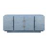 FOUR DOOR WRAP AROUND MODERN BUFFET WITH BRASS FLUTED HANDLES IN DYED BLUE GRASSCLOTH