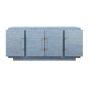 FOUR DOOR WRAP AROUND MODERN BUFFET WITH BRASS FLUTED HANDLES IN DYED BLUE GRASSCLOTH