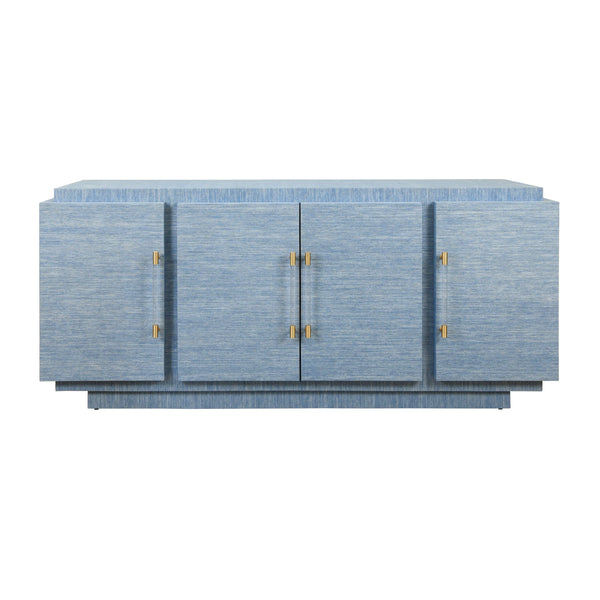 FOUR DOOR WRAP AROUND MODERN BUFFET WITH BRASS FLUTED HANDLES IN DYED BLUE GRASSCLOTH
