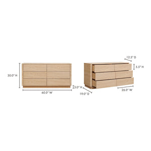 Moe's Round Off Six-Drawer Light Oak Dresser
