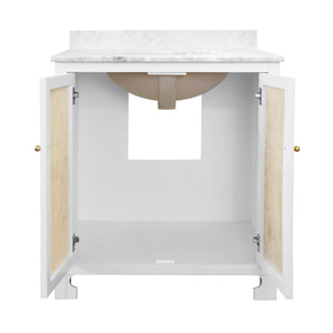 BATH VANITY IN MATTE WHITE LACQUER WITH CANE FRONT DOORS, WHITE MARBLE TOP, AND PORCELAIN SINK