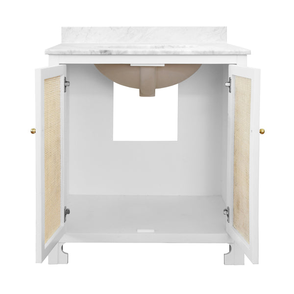 BATH VANITY IN MATTE WHITE LACQUER WITH CANE FRONT DOORS, WHITE MARBLE TOP, AND PORCELAIN SINK