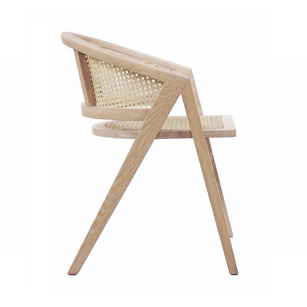 CANE BARREL BACK DINING CHAIR IN CERUSED OAK