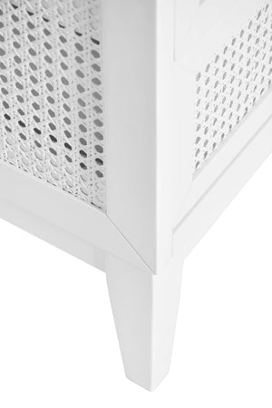 BATH VANITY IN MATTE WHITE LACQUER WITH CANE FRONT DRAWERS, WHITE MARBLE TOP, AND PORCELAIN SINK
