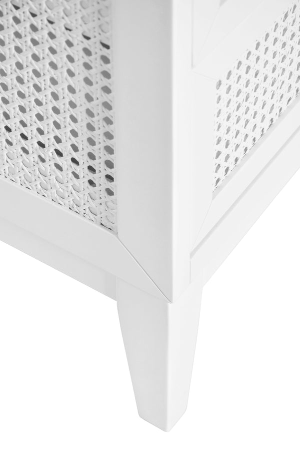 BATH VANITY IN MATTE WHITE LACQUER WITH CANE FRONT DRAWERS, WHITE MARBLE TOP, AND PORCELAIN SINK