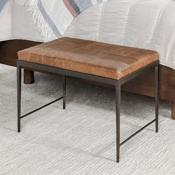 Malo Leather Bench with Hammered Iron Legs - Sedona Brown