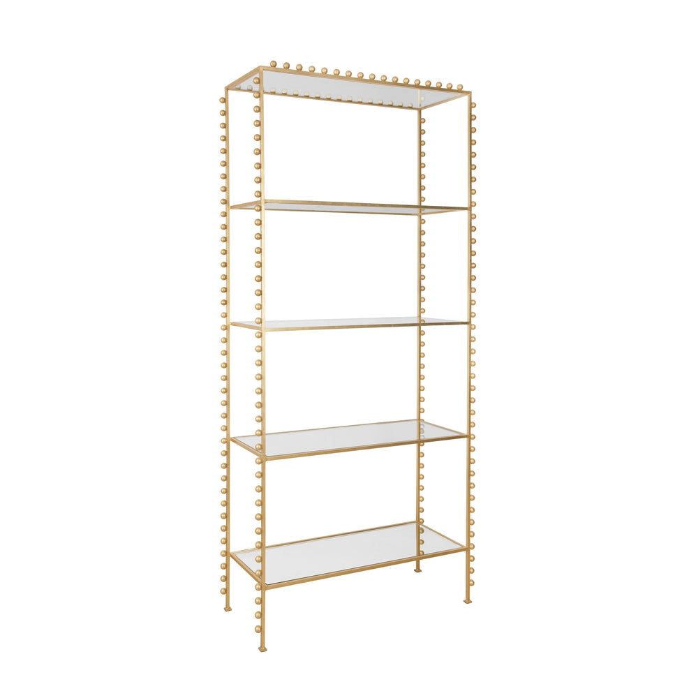 BALL LINED ETAGERE WITH CLEAR GLASS SHELVES IN GOLD LEAF