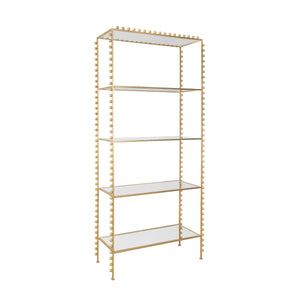 BALL LINED ETAGERE WITH CLEAR GLASS SHELVES IN GOLD LEAF