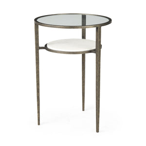 Felicity 15.8L X 15.8W X 22.5H Glass Top W/ White Marble Shelf and Antique Gold Base End/Side Table