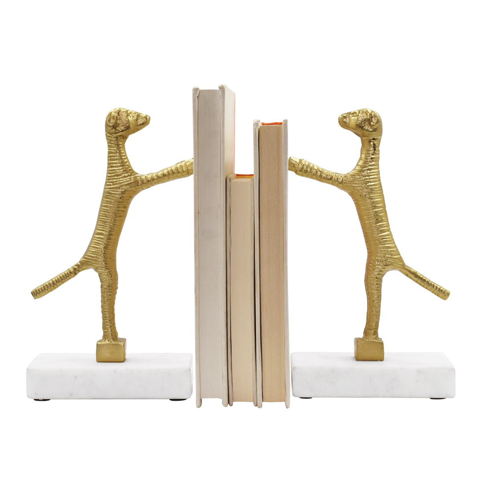 PAIR OF DOG BOOKENDS IN BRASS FINISH ON WHITE MARBLE BASE