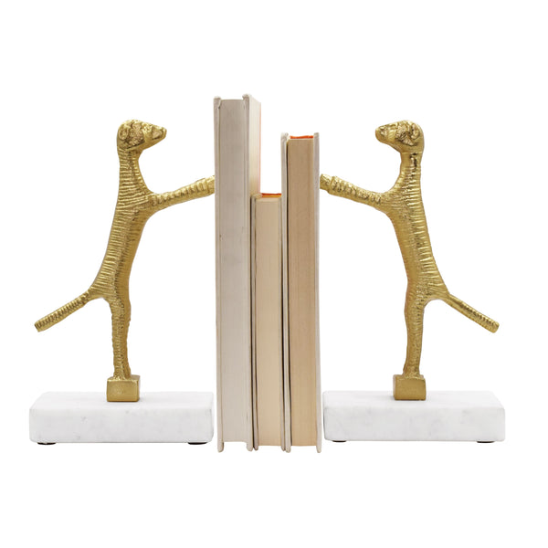 PAIR OF DOG BOOKENDS IN BRASS FINISH ON WHITE MARBLE BASE