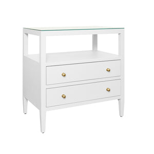 TWO DRAWER SIDE TABLE WITH OPEN TOP SHELF IN TEXTURED WHITE LINEN WITH POLISHED BRASS KNOBS